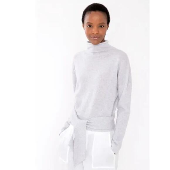 Kinross Cashmere Sweater in Ivory Tie Waist Mock Neck Neutral Long Sleeve L - Picture 1 of 4